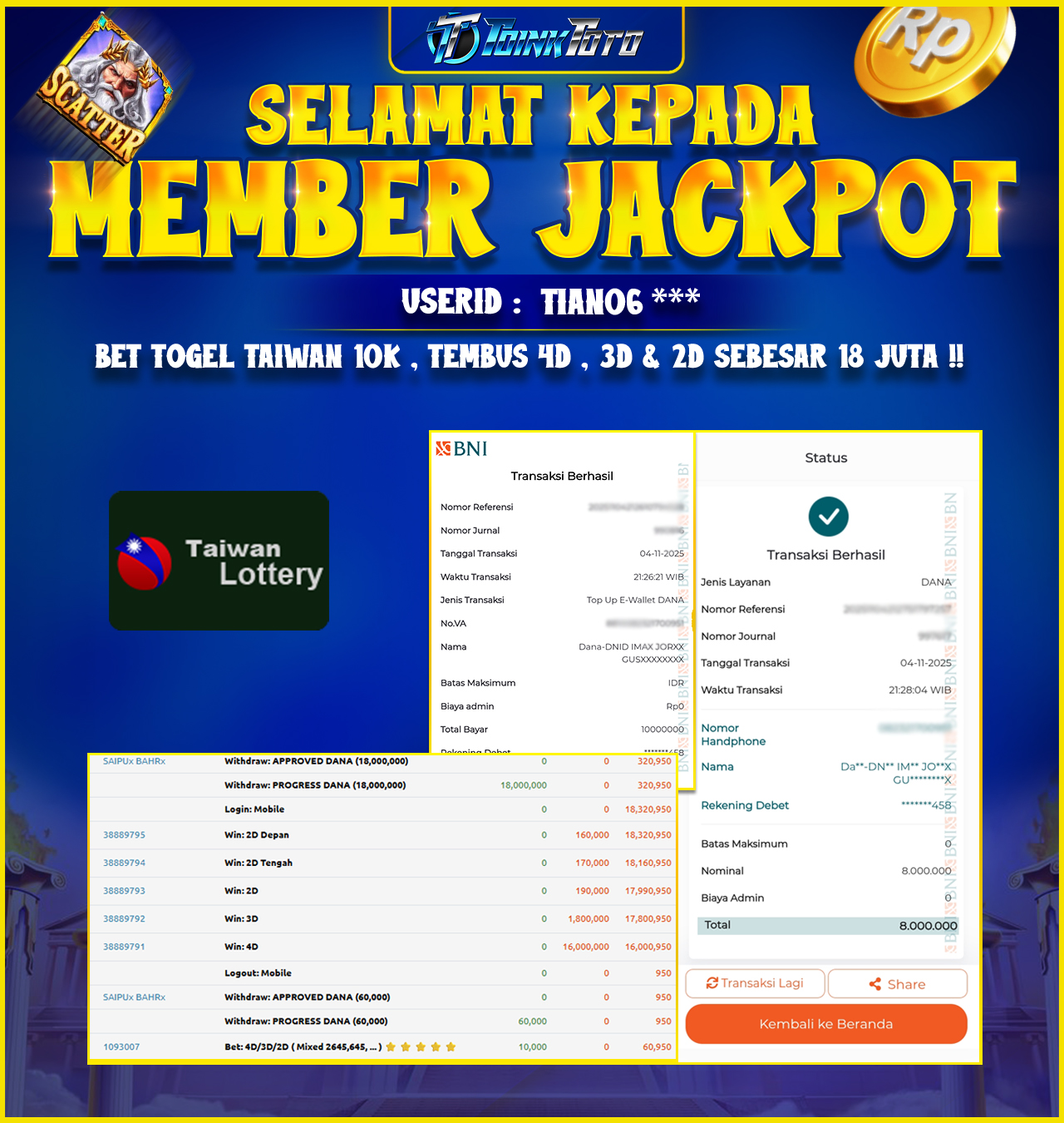 TOINKTOTO JACKPOT GAME TOGEL TAIWAN Rp.18.000.000.,- LUNAS